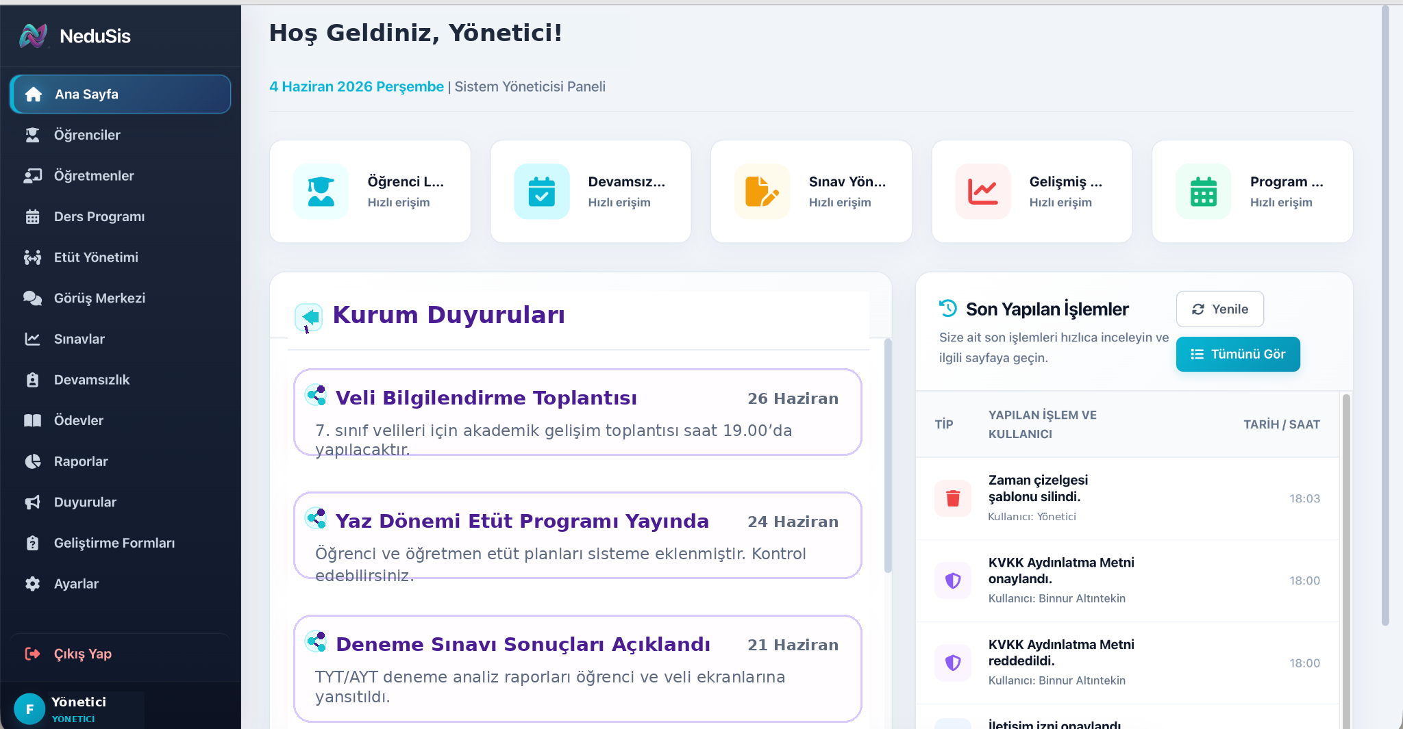 NeduSis yönetici paneli önizlemesi